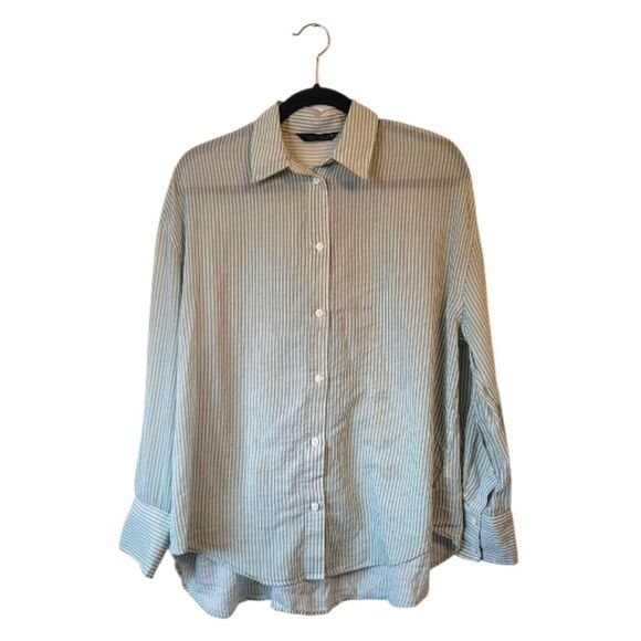 Zara Women's Sage Green And White Striped Button Down Shirt Size US S - Picture 1 of 5